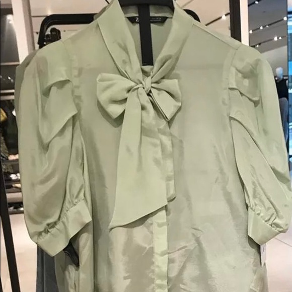 Zara Sea Green Pussybow Satin Blouse - Picture 7 of 7